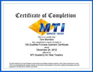 Sample MTI Certificate of Completion available for completing certain MTI Academy training courses.