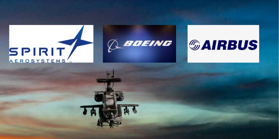 military helicopter against a blue, red and gold colored evening sky; logos of Spirit AeroSystems, Boeing, and Airbus in upper half